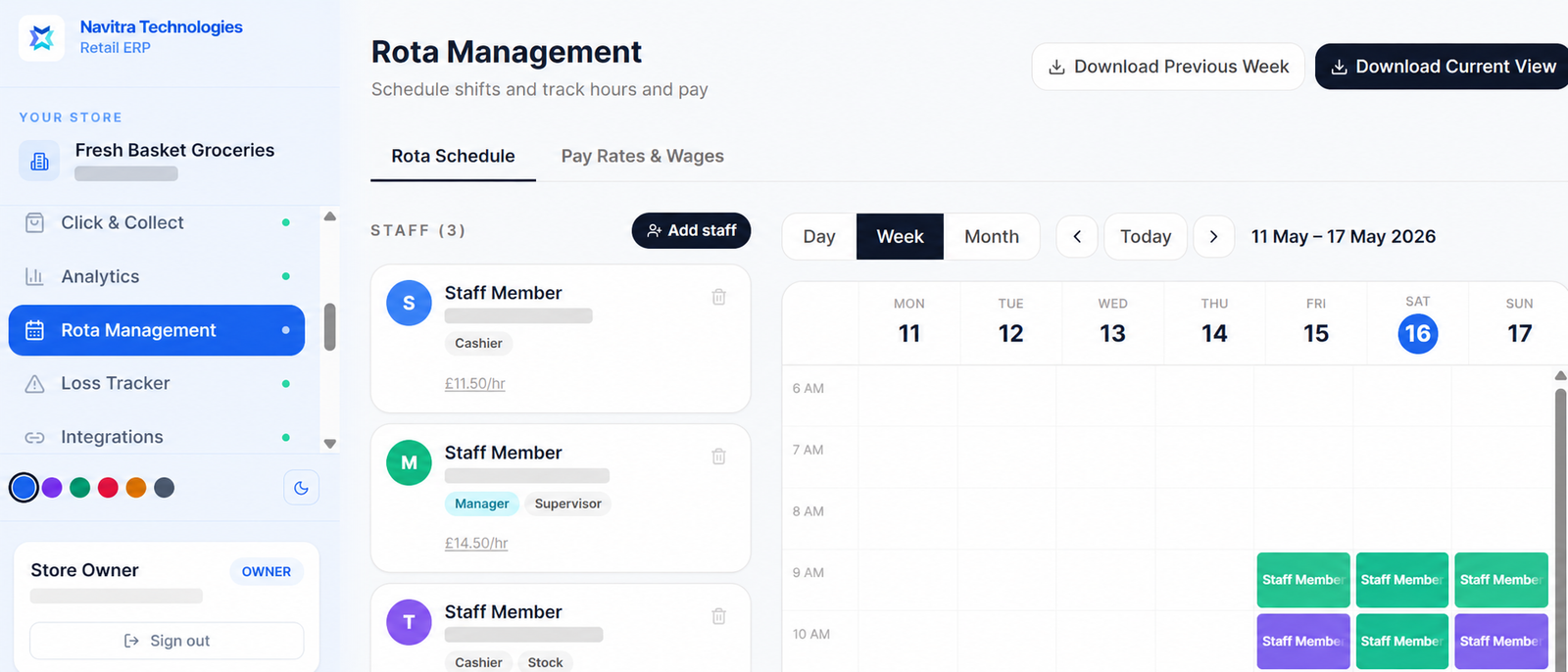 Staff rota management screen