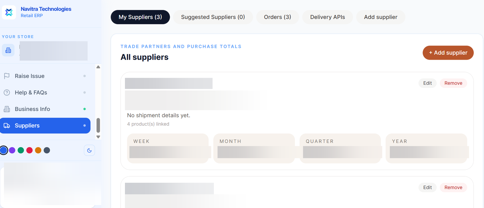 Supplier management screen